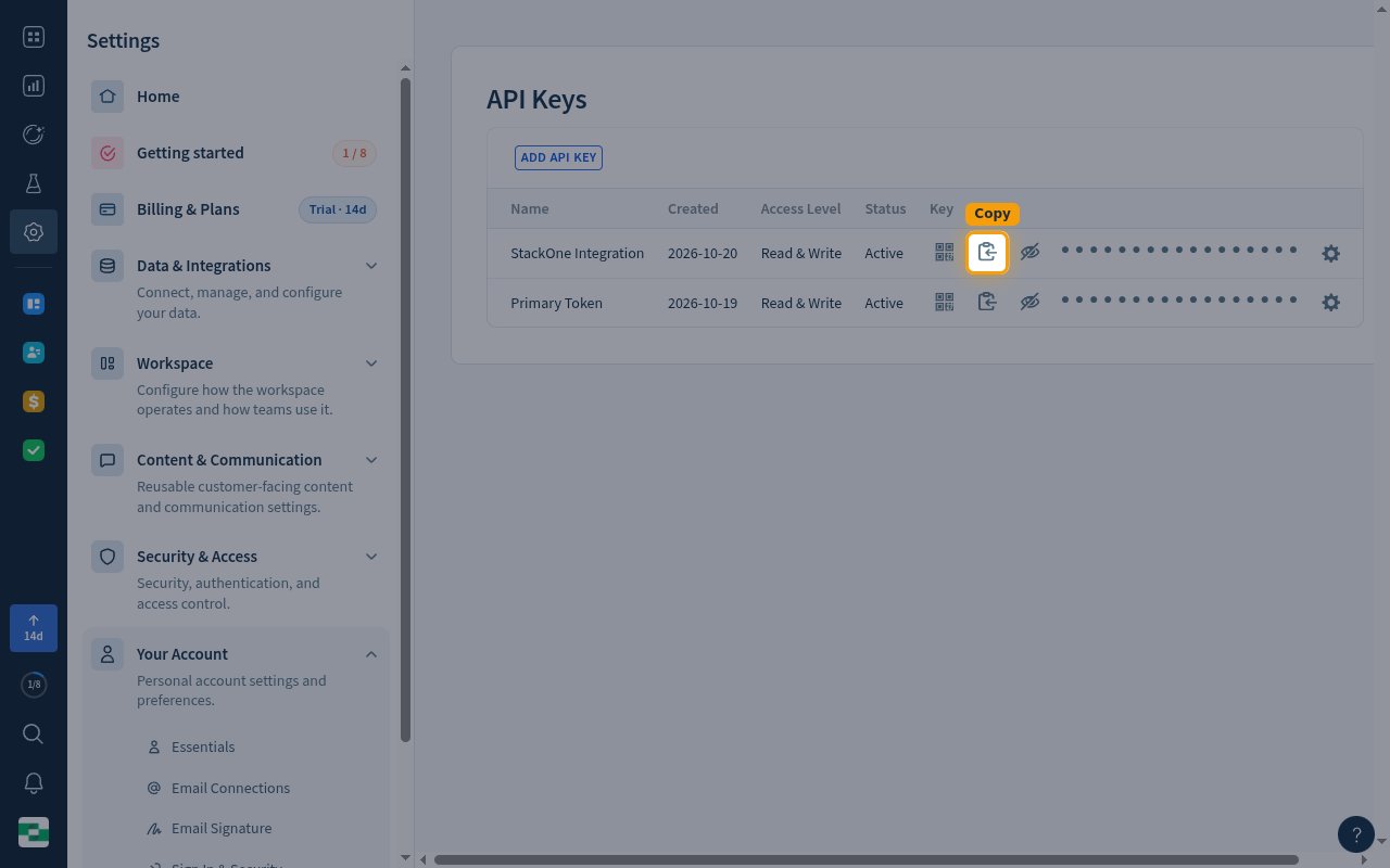 The API Keys page with the Copy icon highlighted in the StackOne Integration row