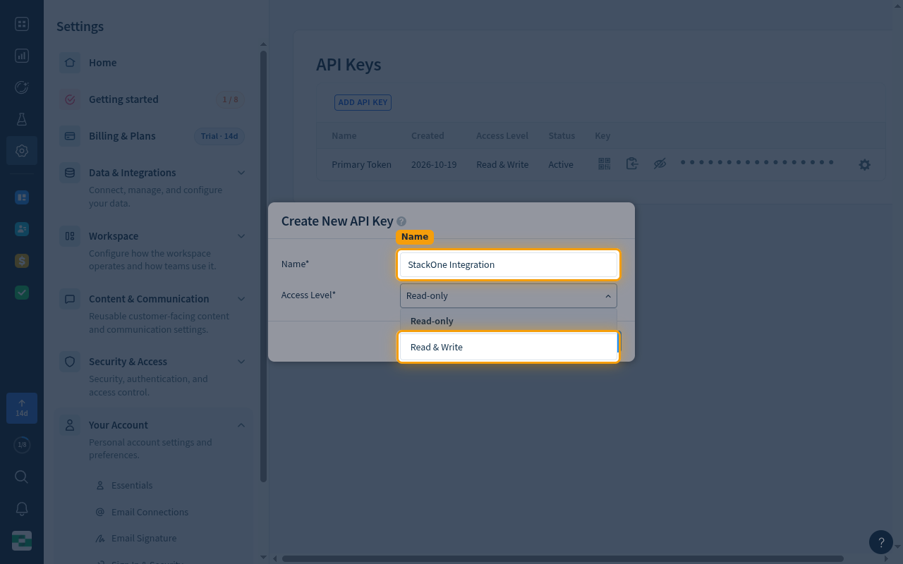 The Create New API Key window with the Name field and the Read & Write access level highlighted