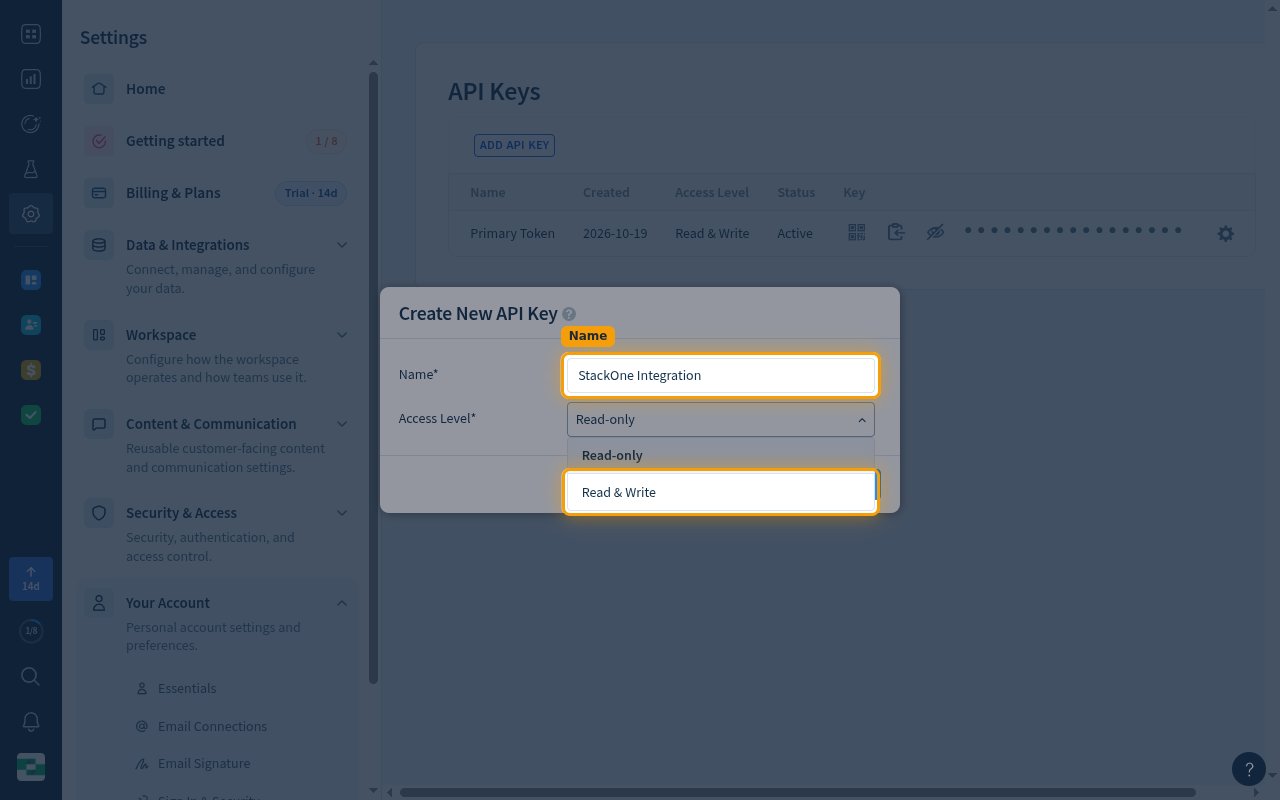 The Create New API Key window with the Name field and the Read & Write access level highlighted