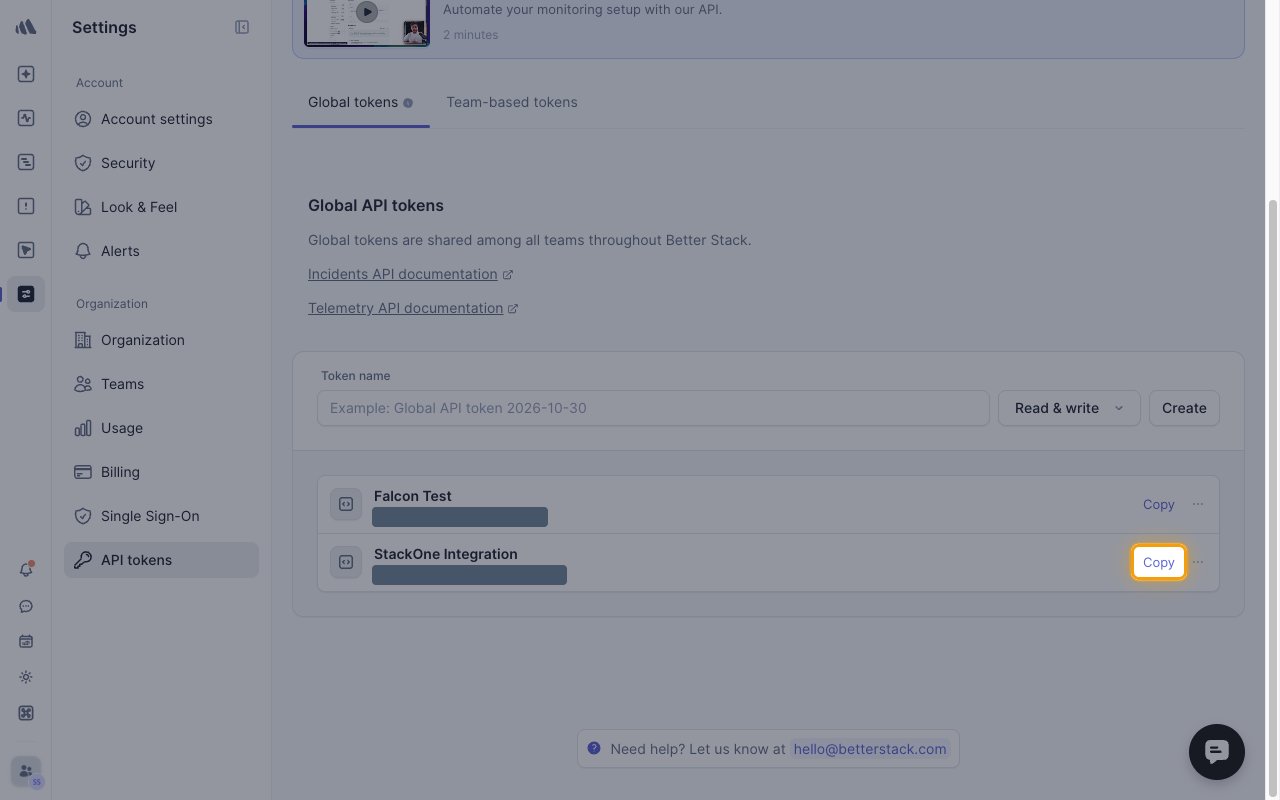 The global token list with the Copy button for the StackOne Integration token highlighted