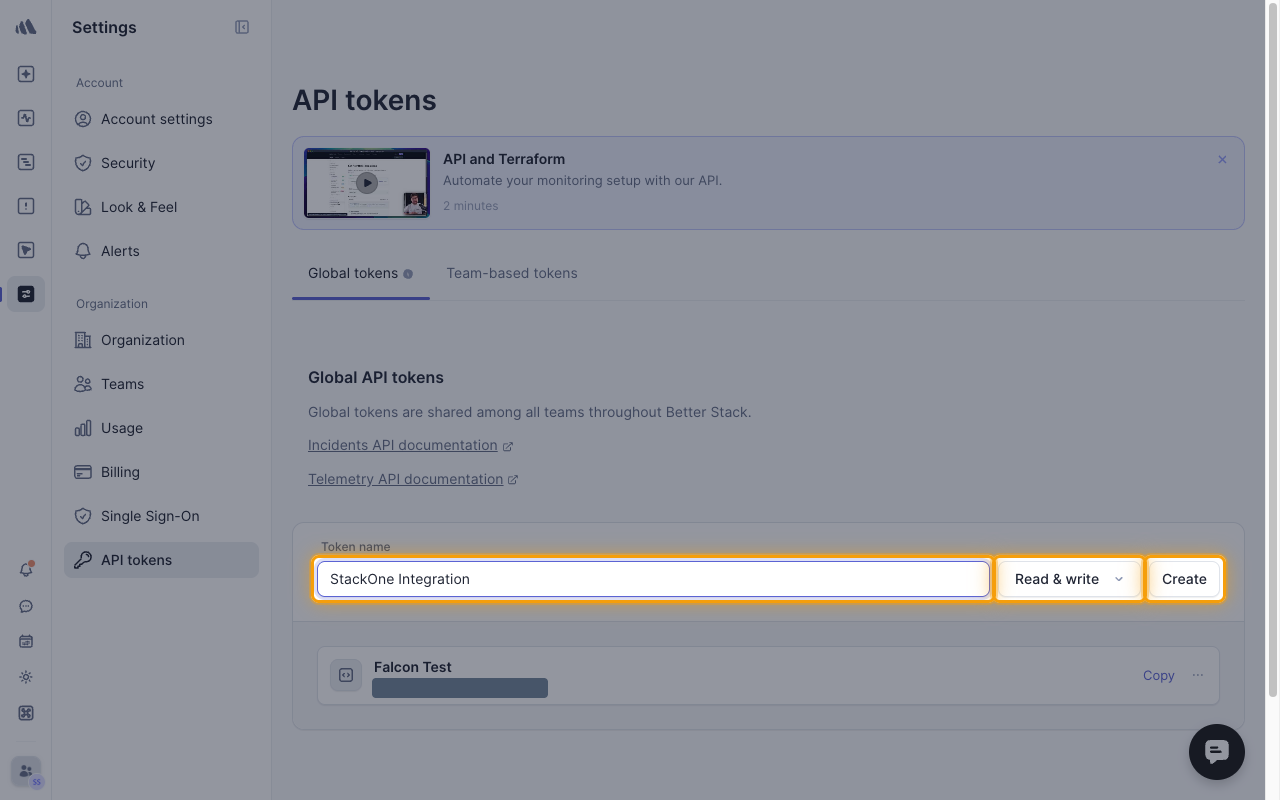 The Global tokens tab with the Token name, access level and Create button highlighted