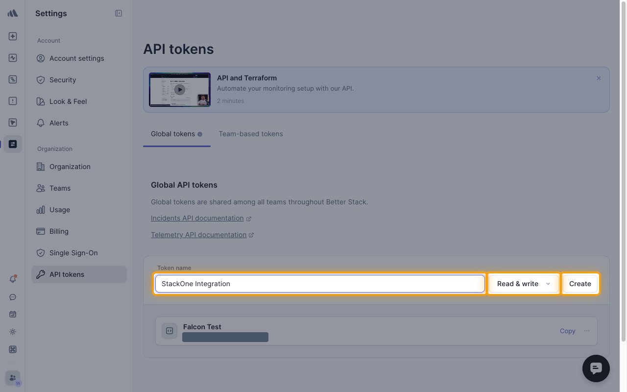 The Global tokens tab with the Token name, access level and Create button highlighted