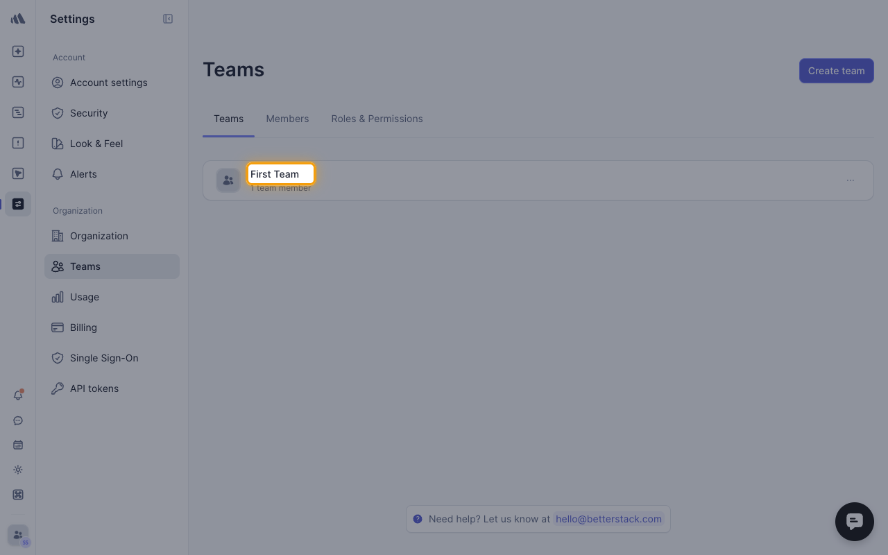 The Teams page with a team name highlighted
