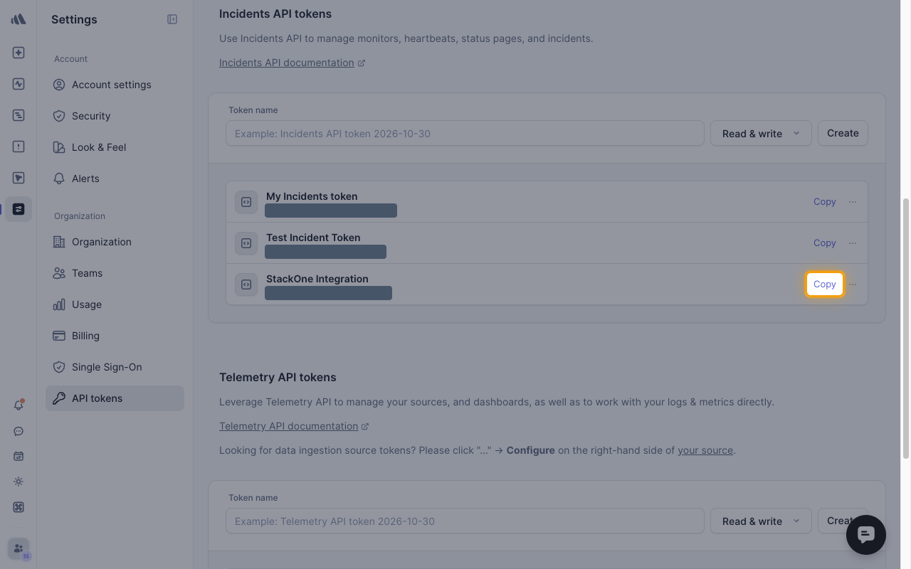 The Incidents API tokens list with the Copy button for the StackOne Integration token highlighted