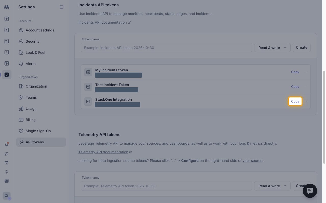 The Incidents API tokens list with the Copy button for the StackOne Integration token highlighted