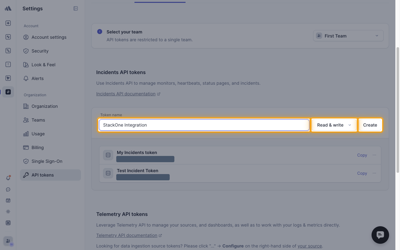 The Incidents API tokens form with the Token name, access level and Create button highlighted