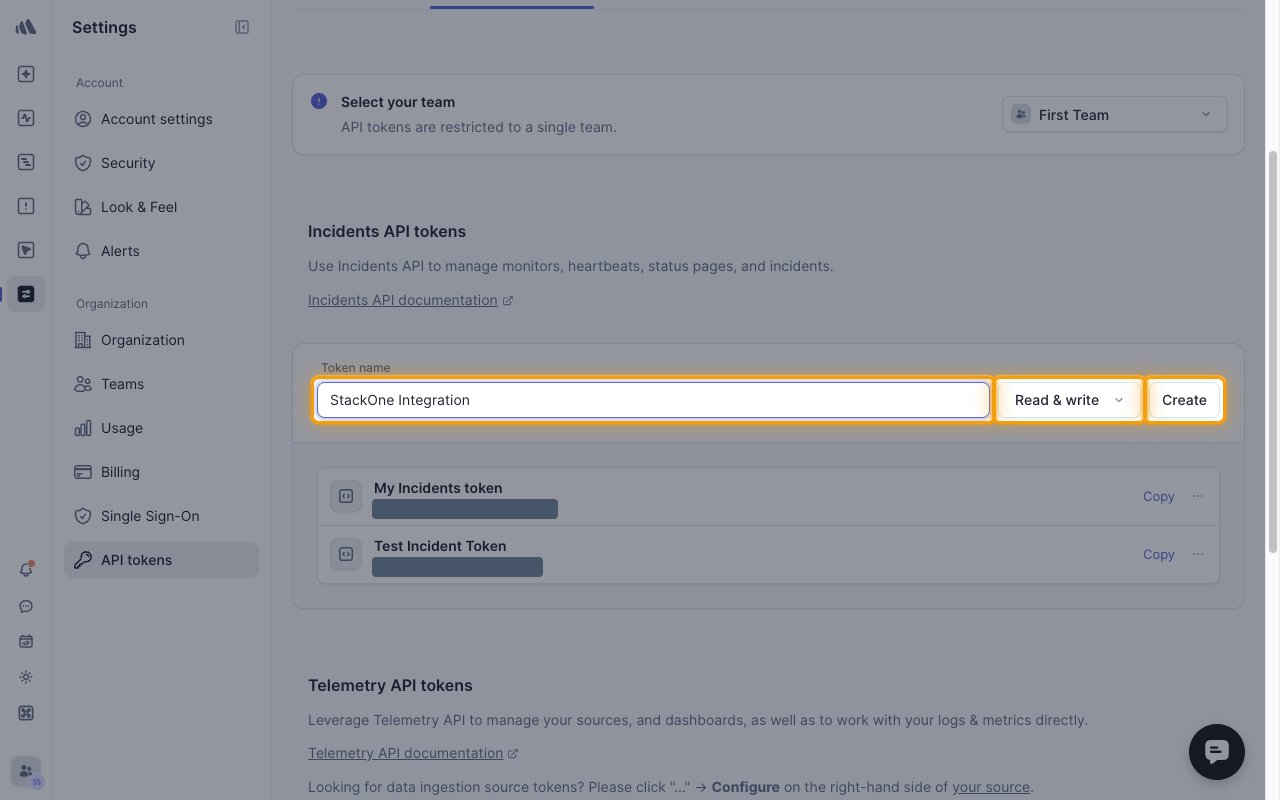 The Incidents API tokens form with the Token name, access level and Create button highlighted