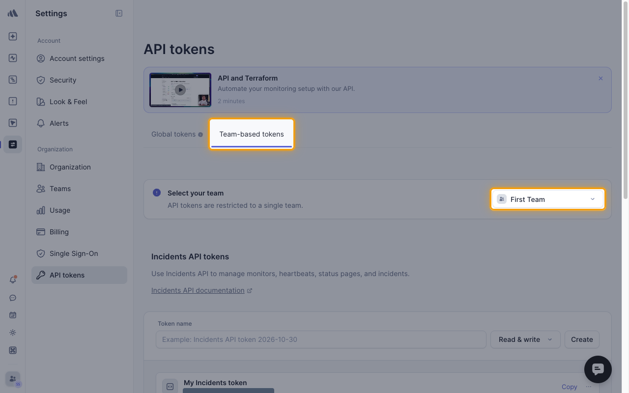 The Team-based tokens tab with the team selector highlighted