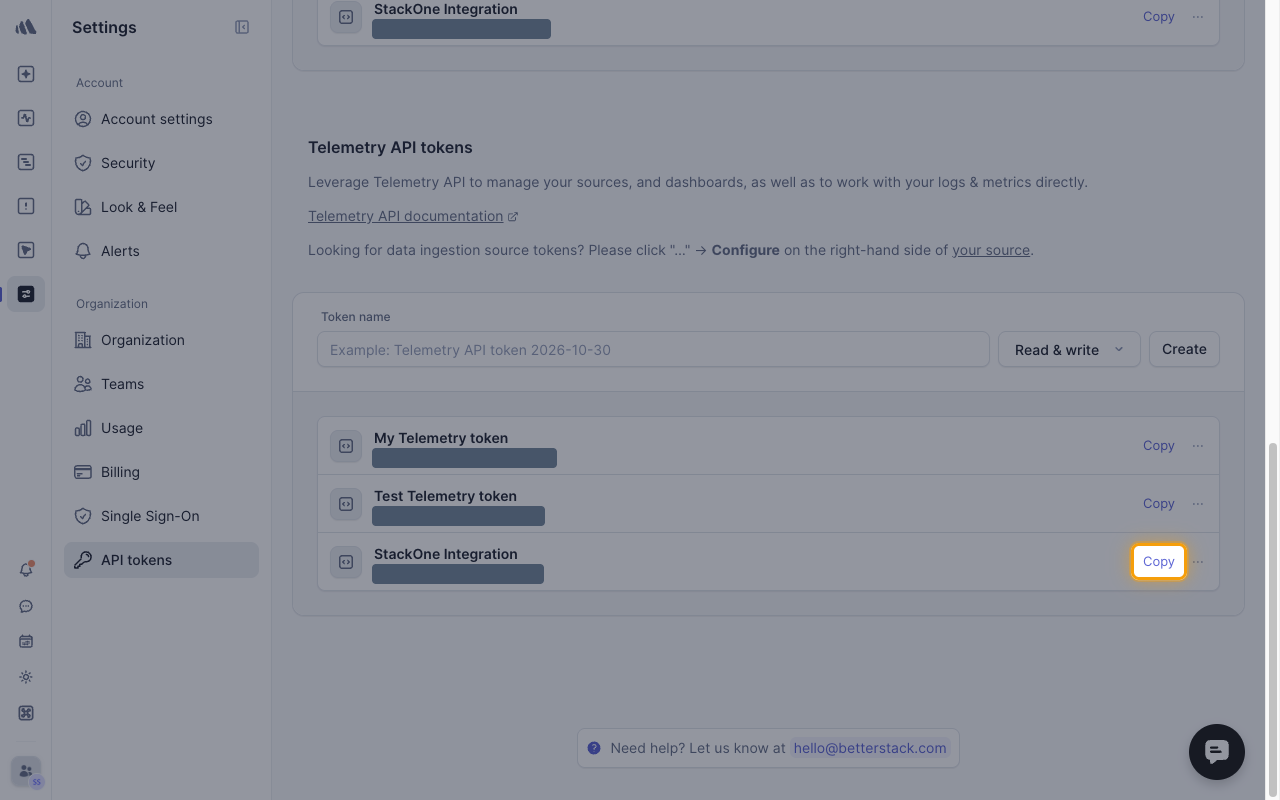 The Telemetry API tokens list with the Copy button for the StackOne Integration token highlighted