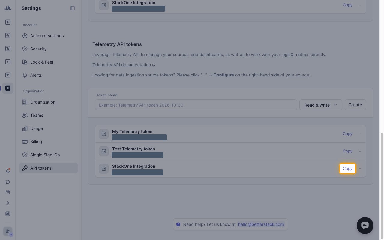 The Telemetry API tokens list with the Copy button for the StackOne Integration token highlighted