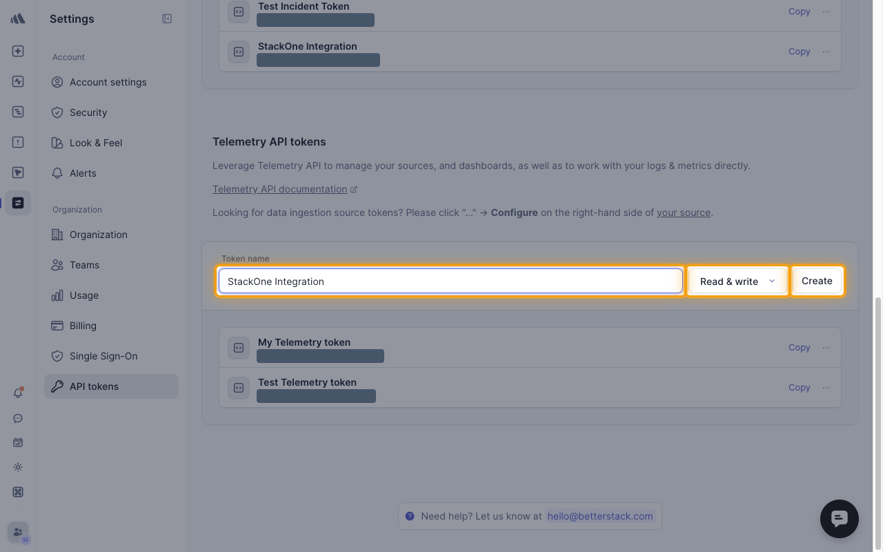 The Telemetry API tokens form with the Token name, access level and Create button highlighted