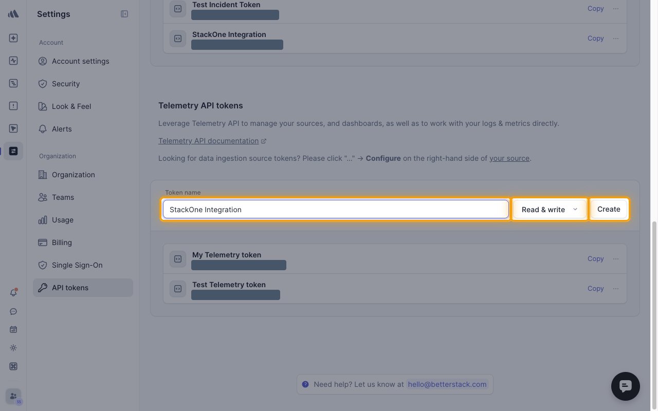 The Telemetry API tokens form with the Token name, access level and Create button highlighted
