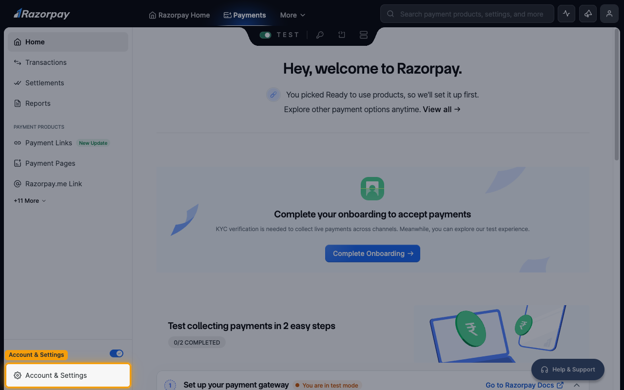 The Razorpay Dashboard with Account & Settings highlighted in the left sidebar