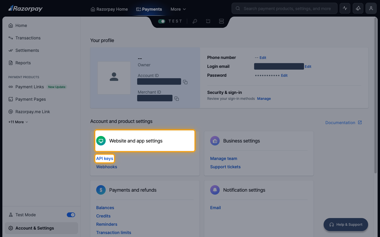 The Account and product settings page with the Website and app settings card and the API keys link highlighted