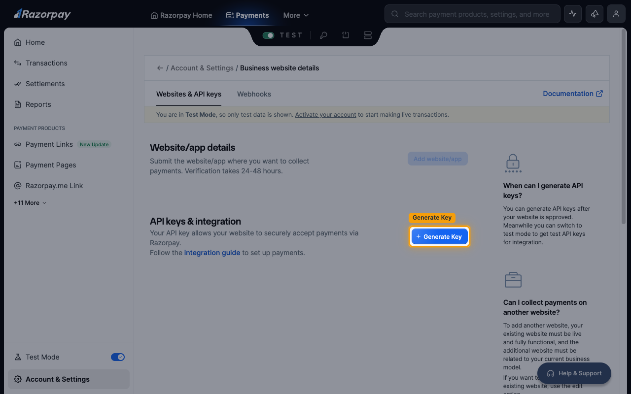 The API keys and integration section with the Generate Key button highlighted on an account that has no key yet