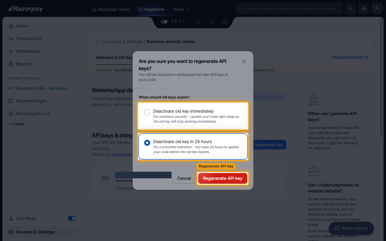 The regenerate confirmation dialog with both key expiry options and the Regenerate API key button highlighted