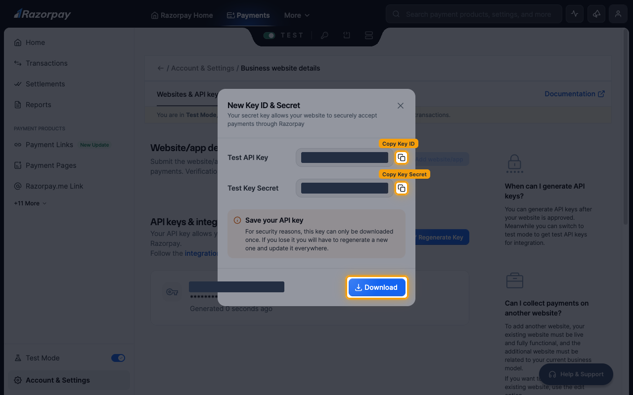 The New Key ID and Secret dialog with the copy controls and the Download button highlighted, key values redacted