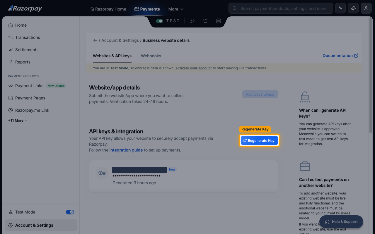 The API keys and integration section on an account that already has a key, with the Regenerate Key button highlighted