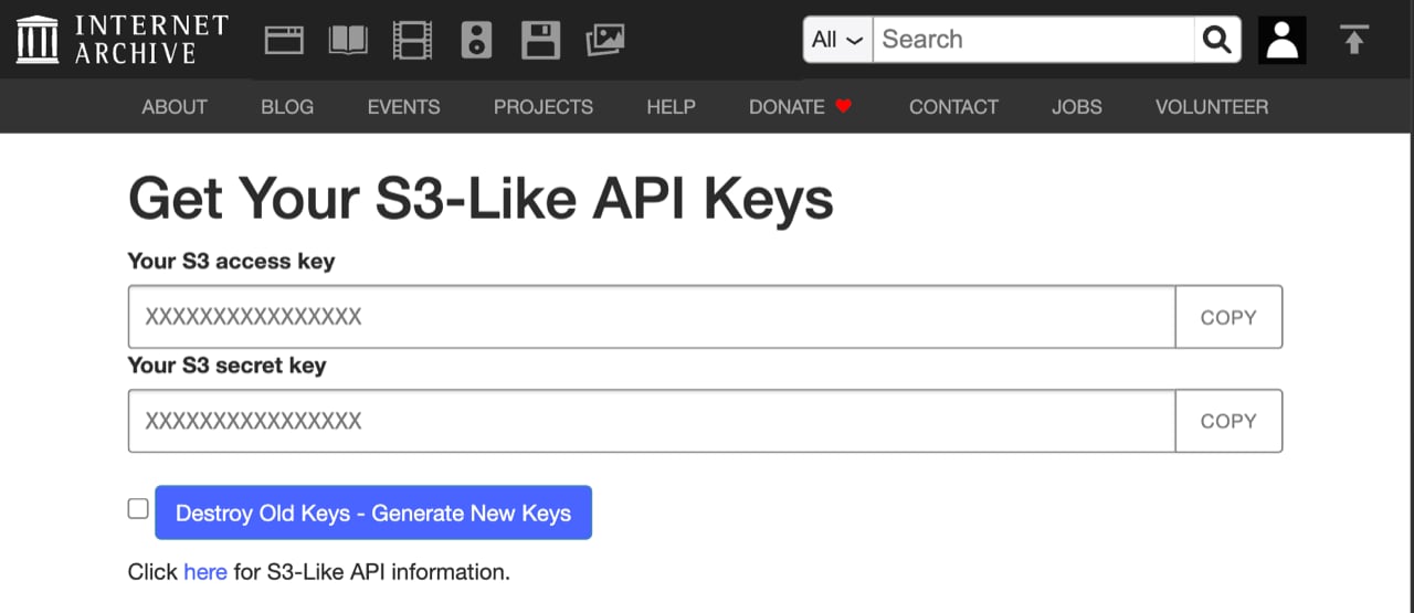 The Internet Archive S3-Like API Keys page showing the access key and secret key fields, each with a Copy button