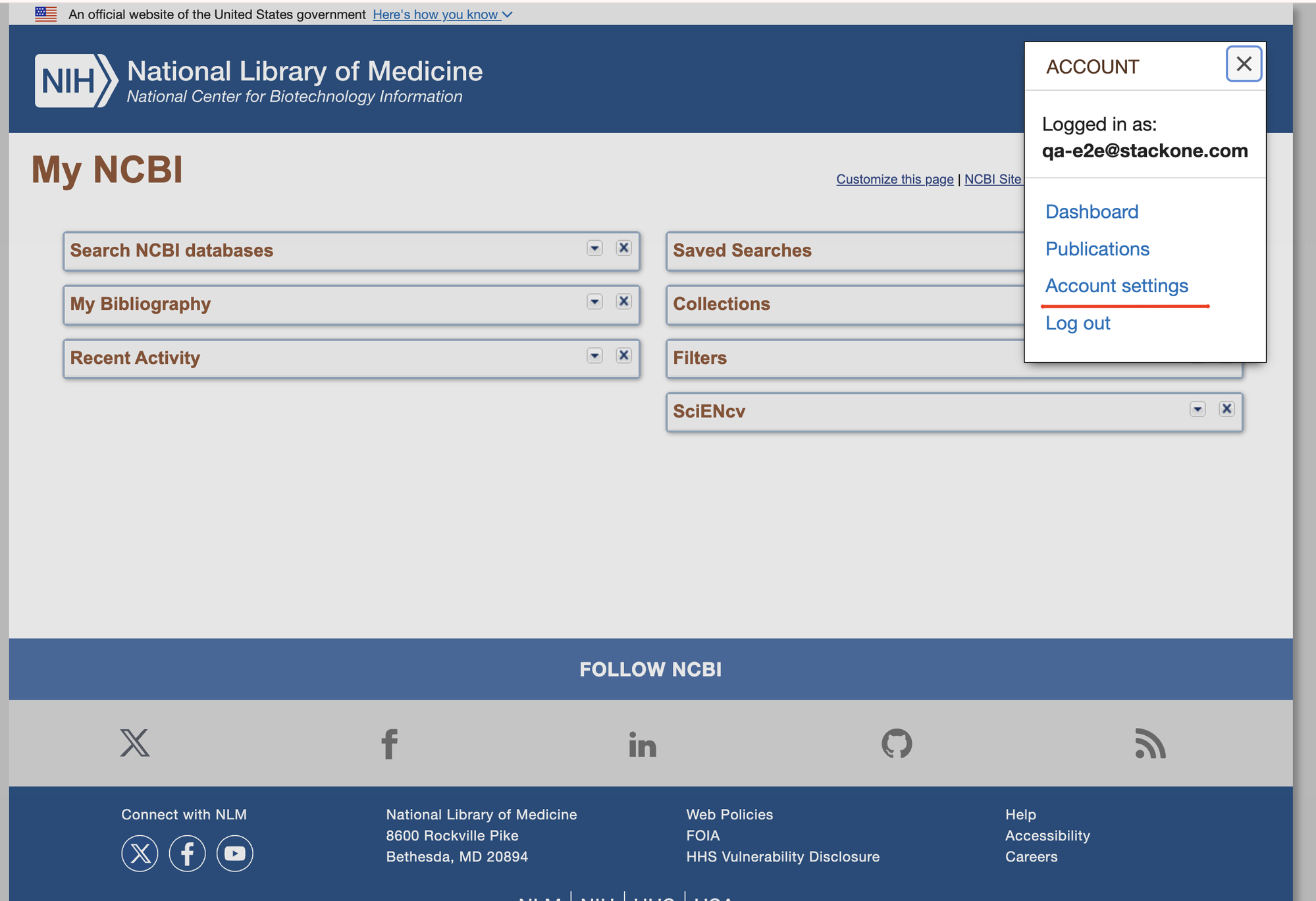 NCBI My NCBI dashboard with the ACCOUNT dropdown open (from the profile email at the top right) and Account settings highlighted