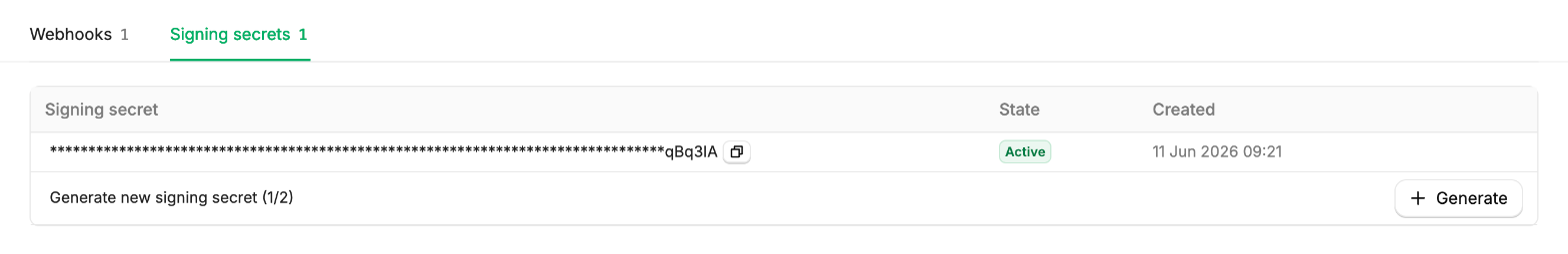 Signing secrets tab listing the active secret with its state and creation date, and a Generate button to add a second secret