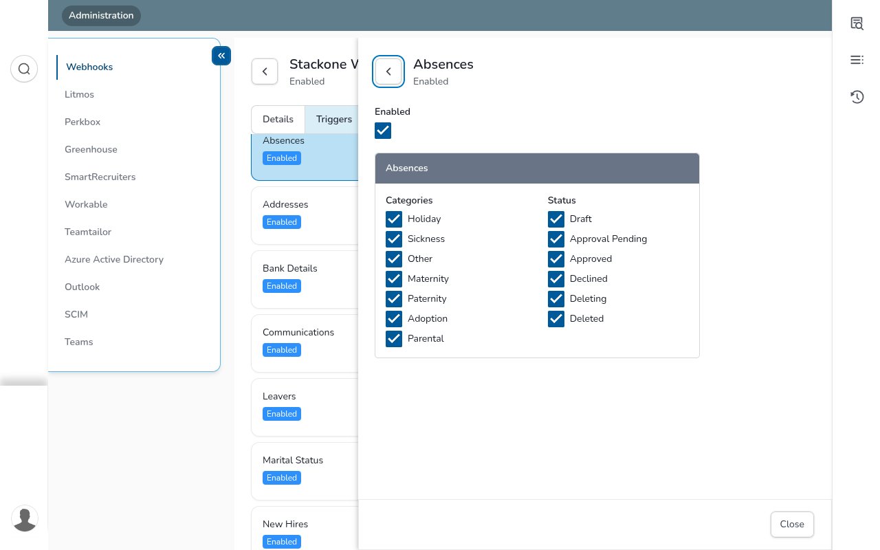 CezanneHR Absences trigger configuration with Categories and Status checkboxes