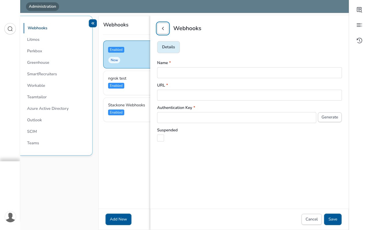 CezanneHR Add New webhook form with Name, URL, Authentication Key (with Generate) and Suspended fields