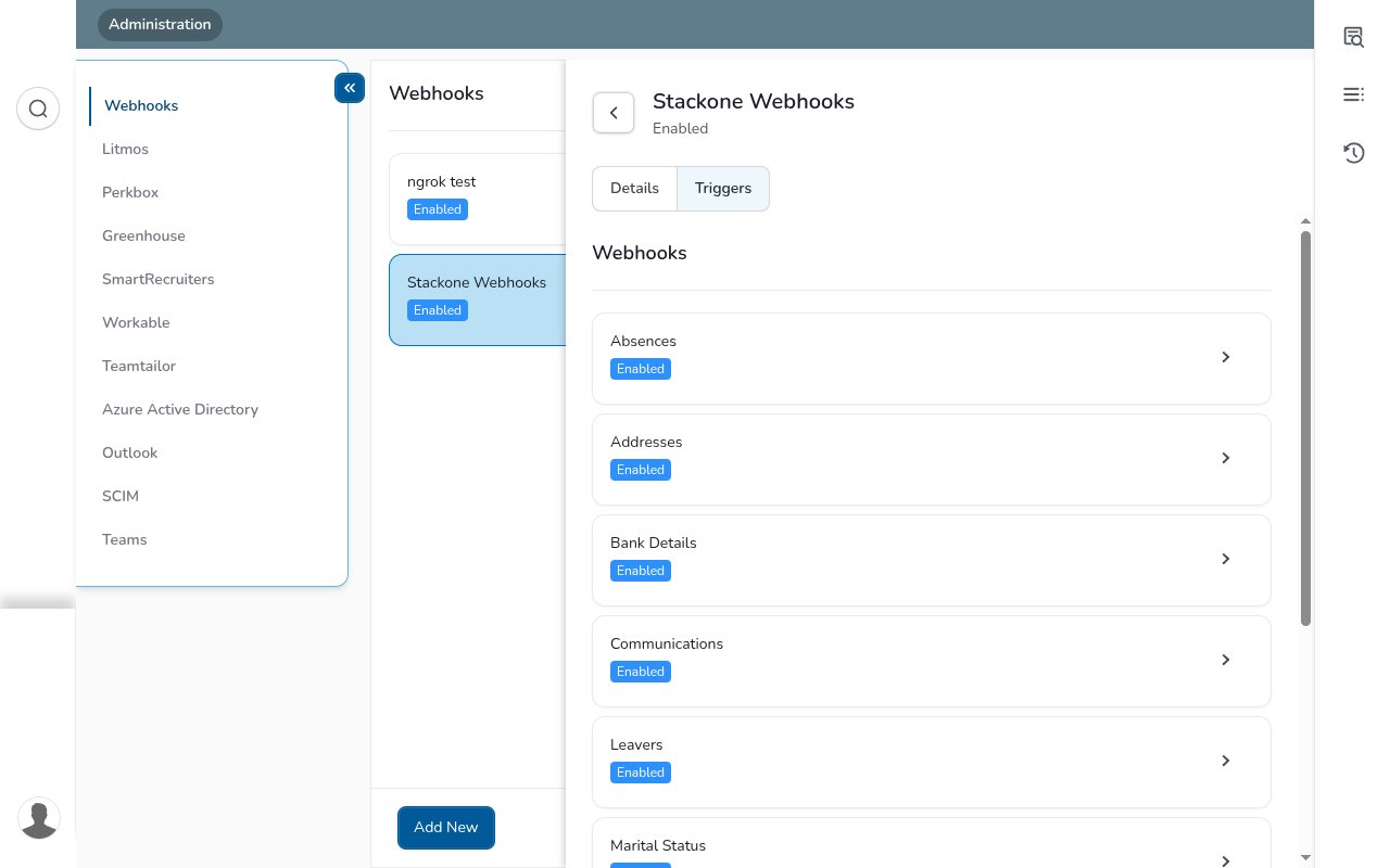 CezanneHR webhook Triggers tab listing the nine triggers, each marked Enabled