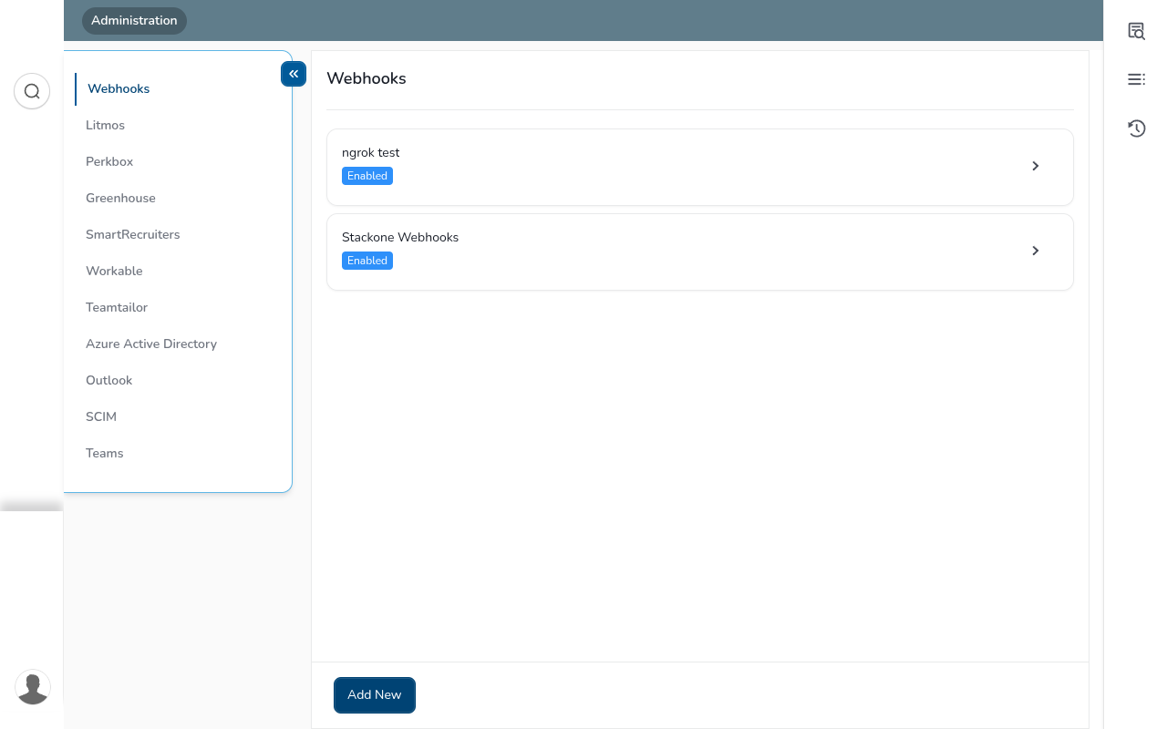 CezanneHR Integrations Webhooks list with existing webhooks and the Add New button
