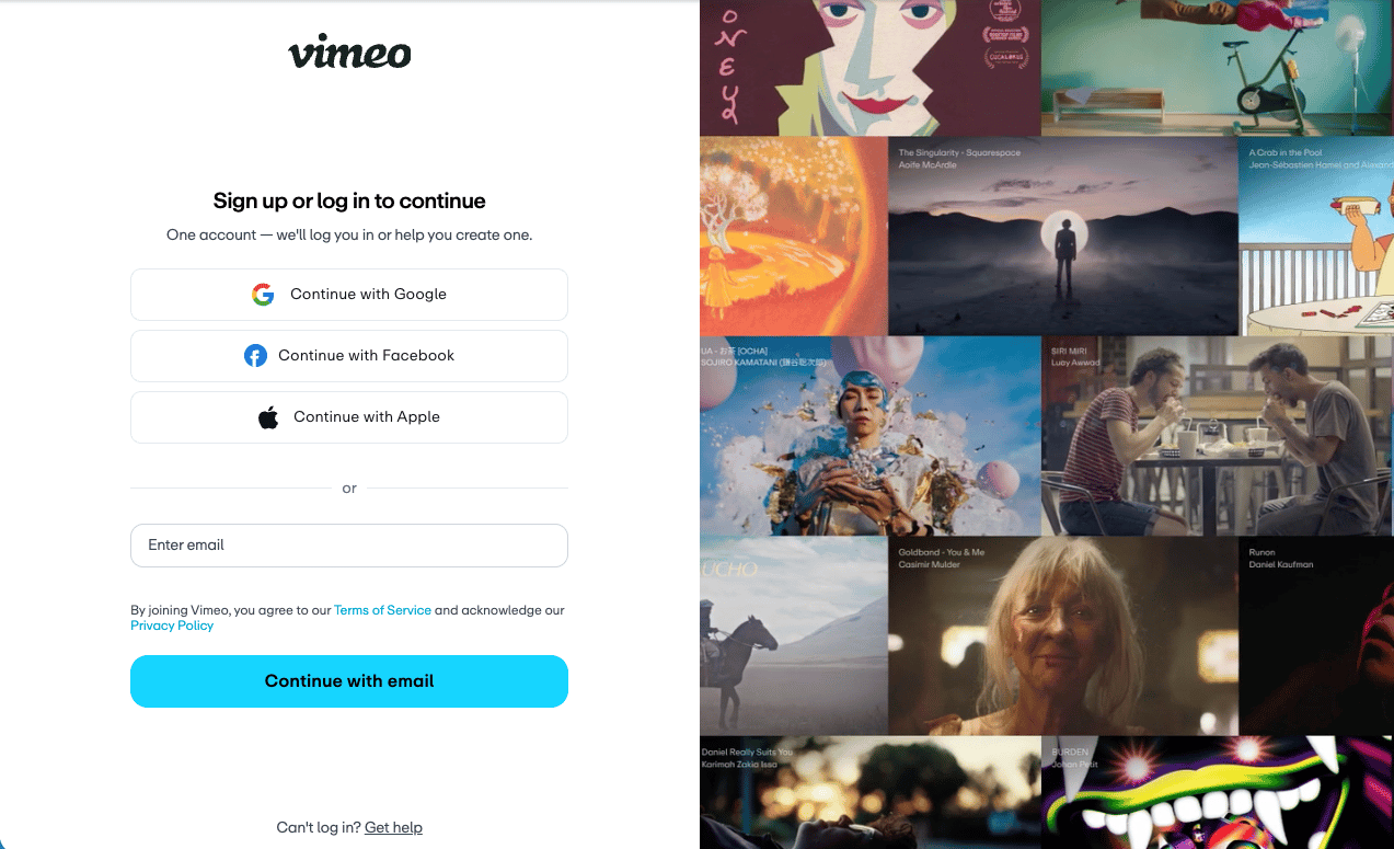 Vimeo sign-in page