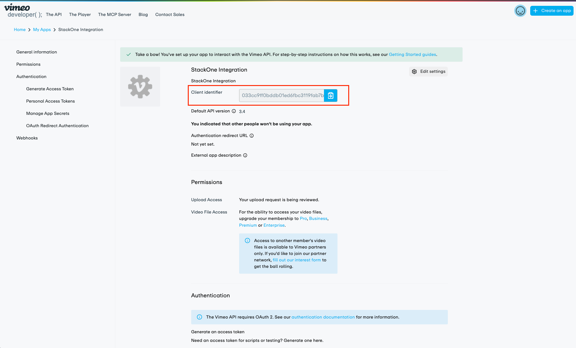 Vimeo app settings page showing Client Identifier and Client Secrets