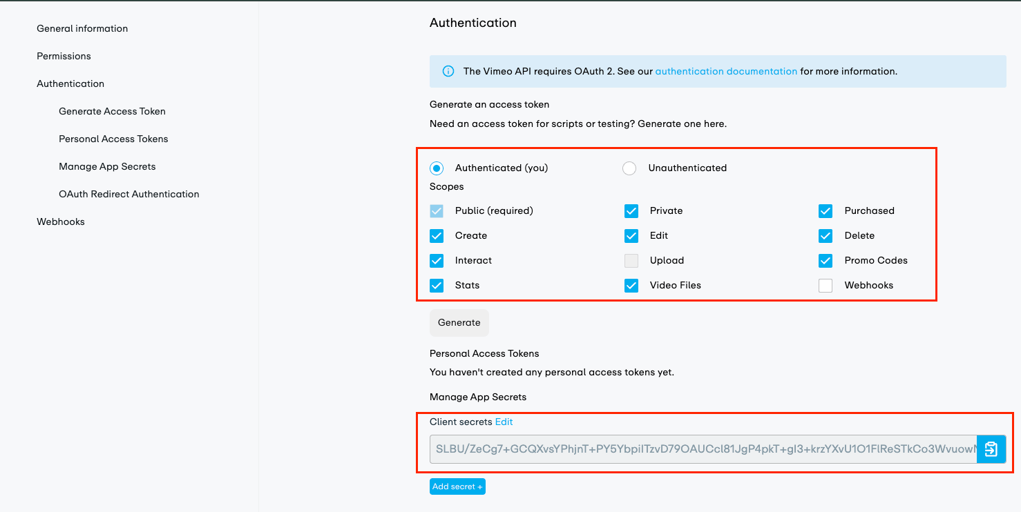 Vimeo Authentication section with Authenticated (you) radio button and Generate button