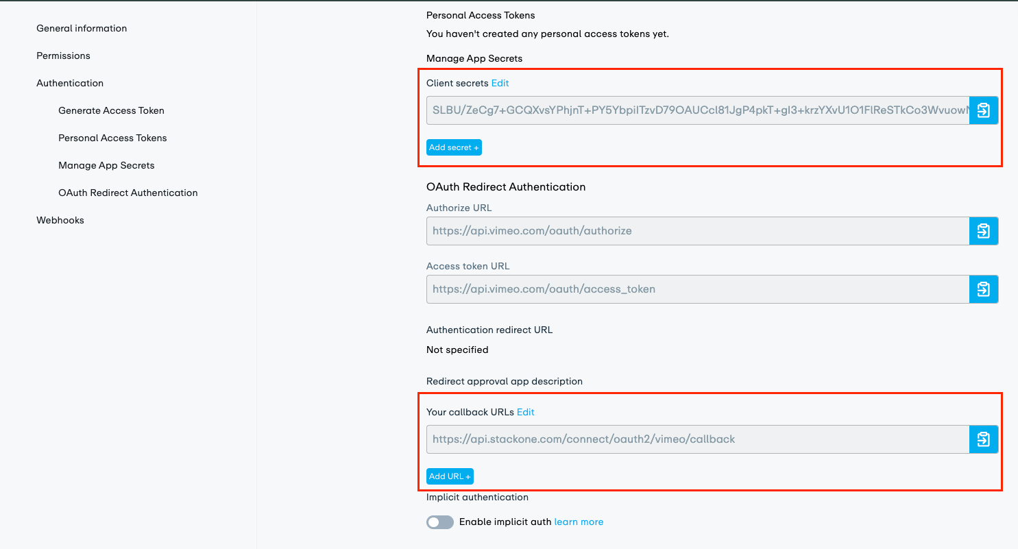 Vimeo OAuth Redirect Authentication section with callback URLs