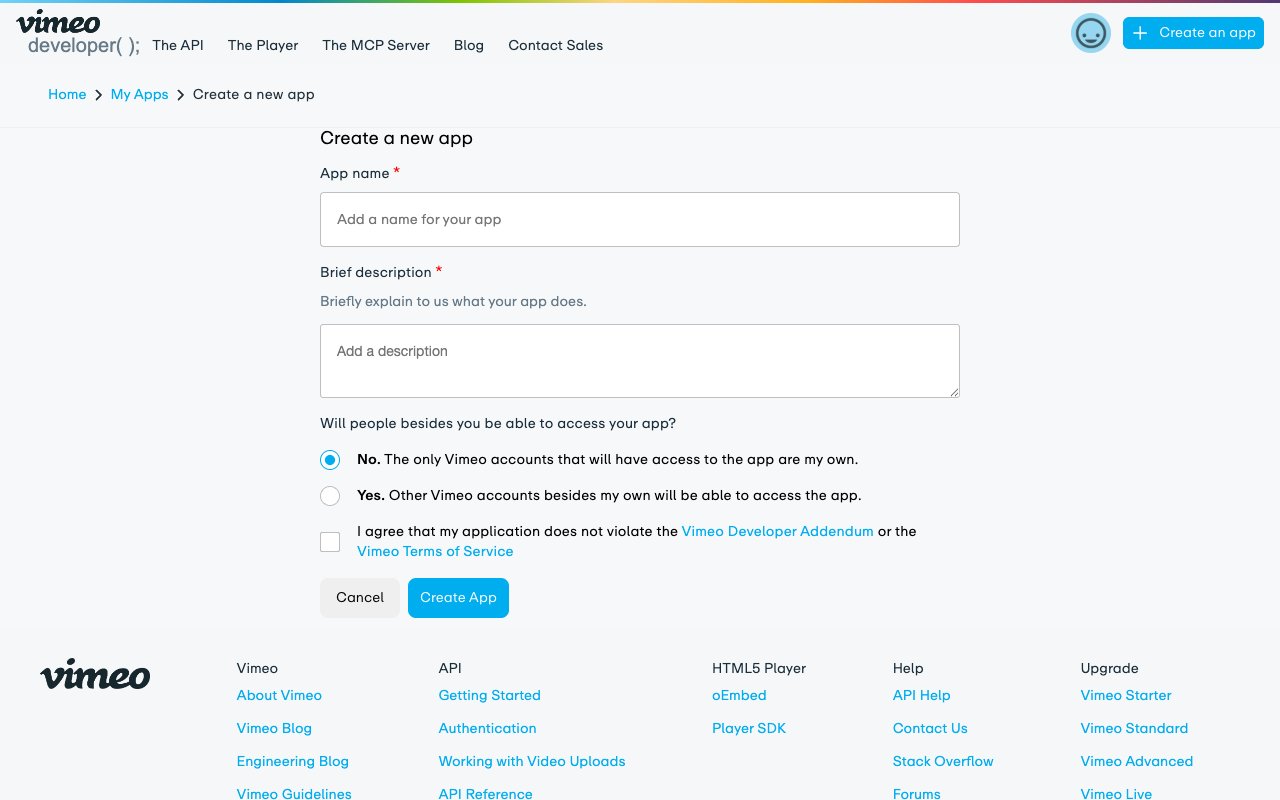 Vimeo Create a New App form