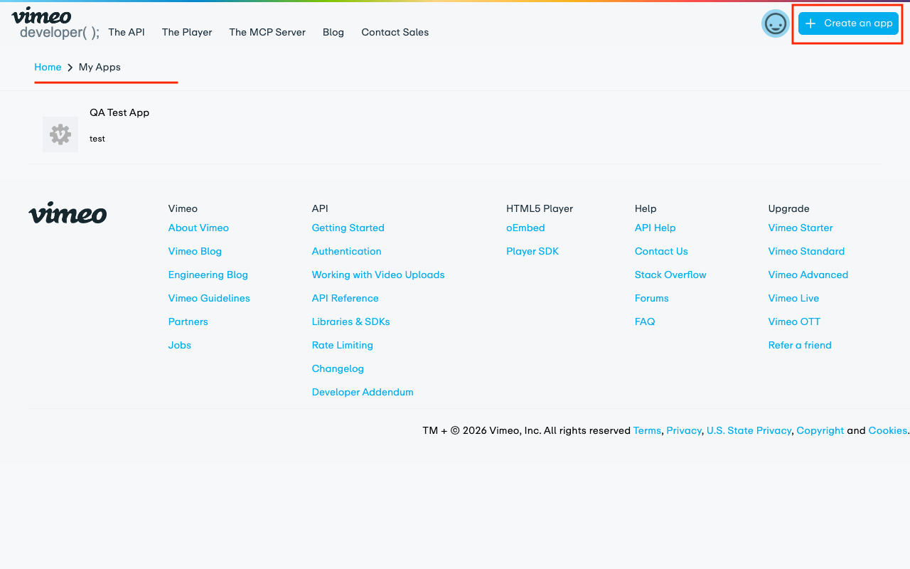 Vimeo Developer Portal My Apps page