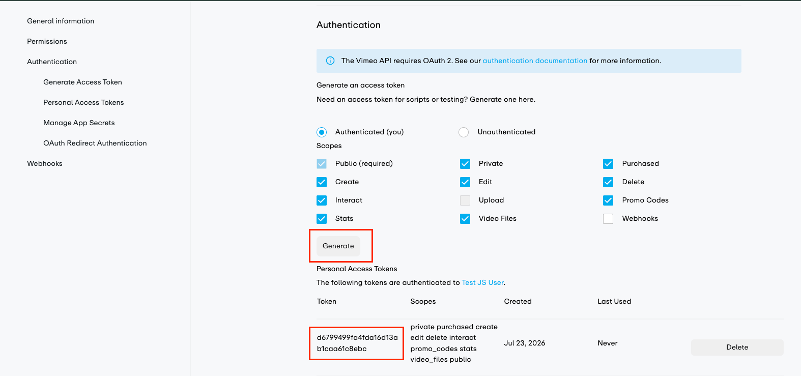 Vimeo Authentication section with Authenticated (you) radio button and Generate button