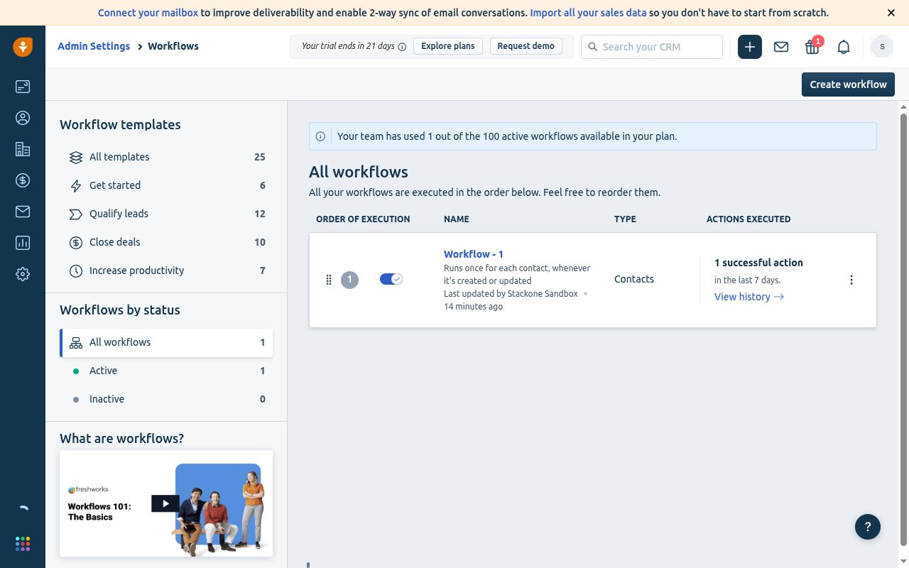 Freshsales Workflows page with the Create workflow button