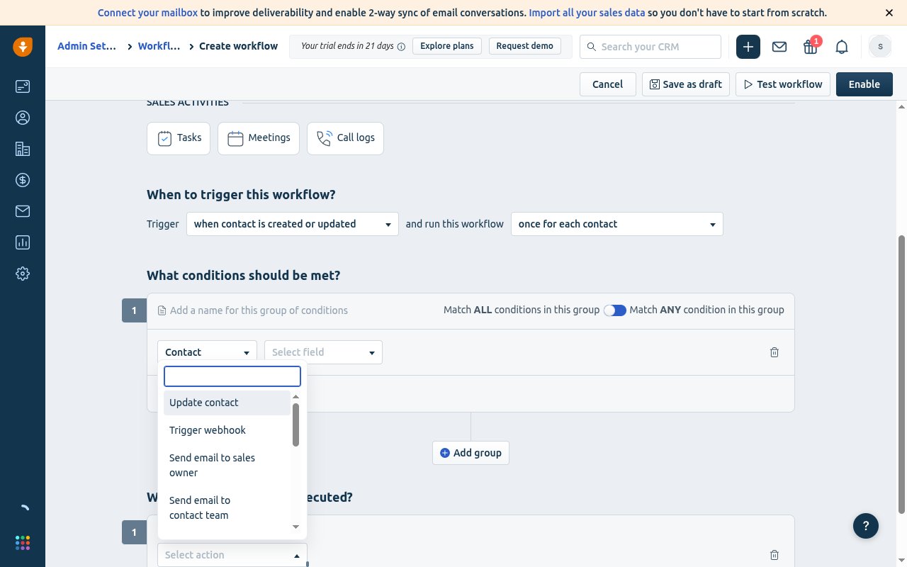 Freshsales workflow action list with the Trigger webhook option selected