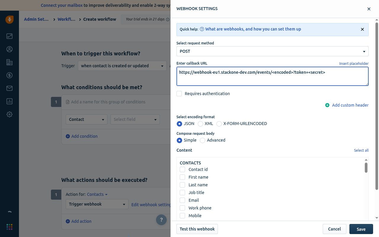 Freshsales Webhook Settings panel with Select request method POST, Enter callback URL, Select encoding format JSON, Compose request body Simple, Content field checkboxes, and Save