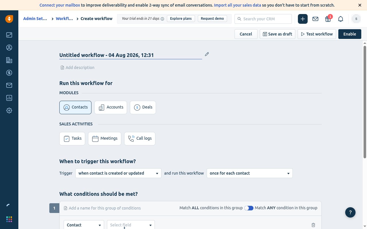 Freshsales workflow builder showing Run this workflow for (Modules), When to trigger this workflow, and What actions should be executed