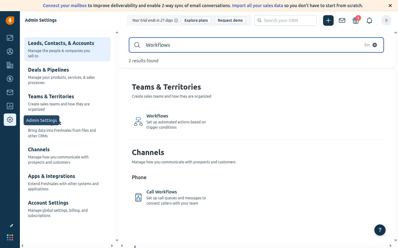 Freshsales Admin Settings with the Workflows (Set up automated actions based on trigger conditions) result