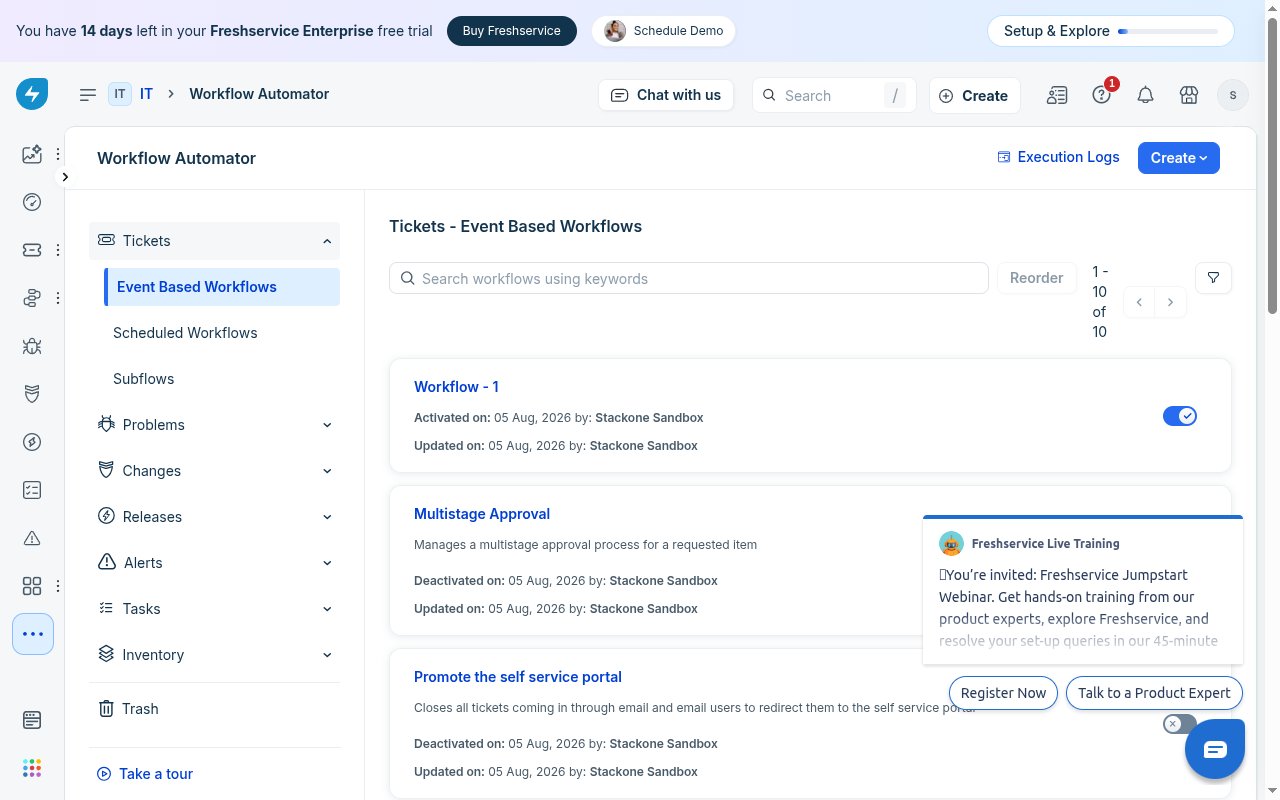 Freshservice Workflow Automator showing Event Based Workflows and the Create button