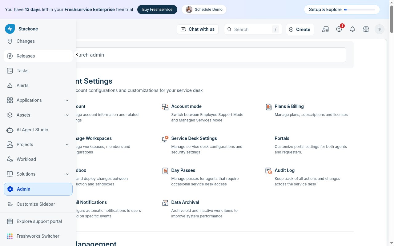Freshservice left sidebar expanded with the Admin entry highlighted at the bottom