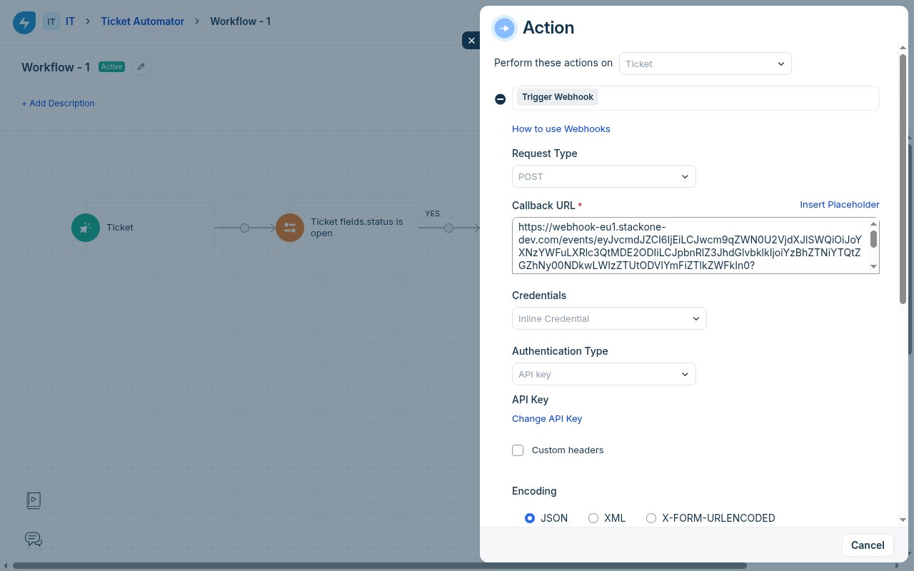 Freshservice Trigger Webhook action panel with Request Type POST, Callback URL, and Encoding JSON