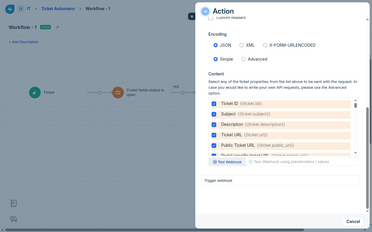 Freshservice webhook Content section with Simple selected, Ticket ID field ticked, and the Test Webhook button