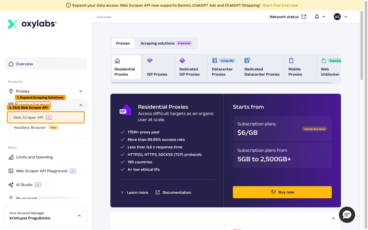 Oxylabs dashboard sidebar with Scraping Solutions expanded showing Web Scraper API