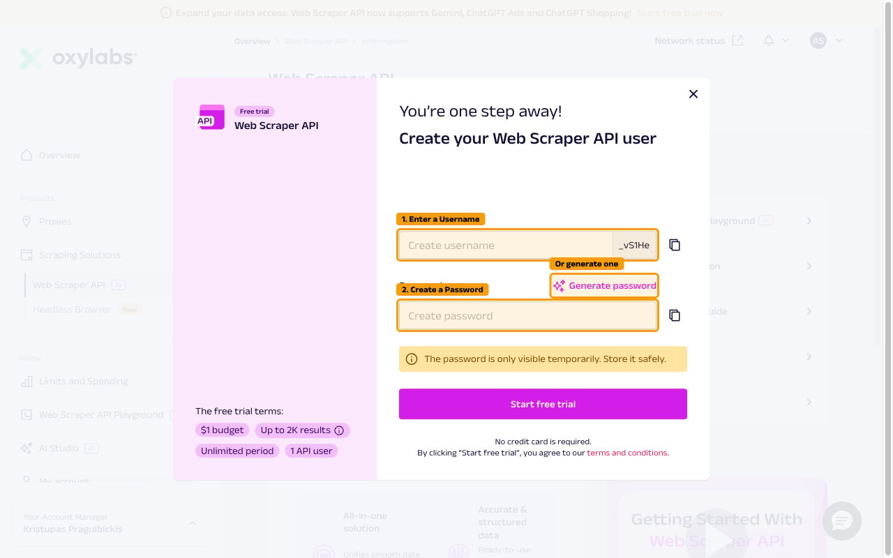 Web Scraper API free trial dialog showing Username and Password fields with Generate password button