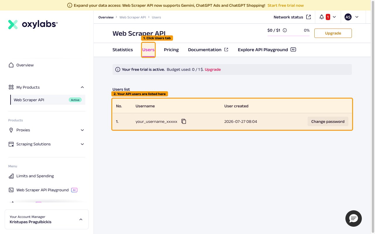 Web Scraper API Users tab showing the users list with username and Change password button