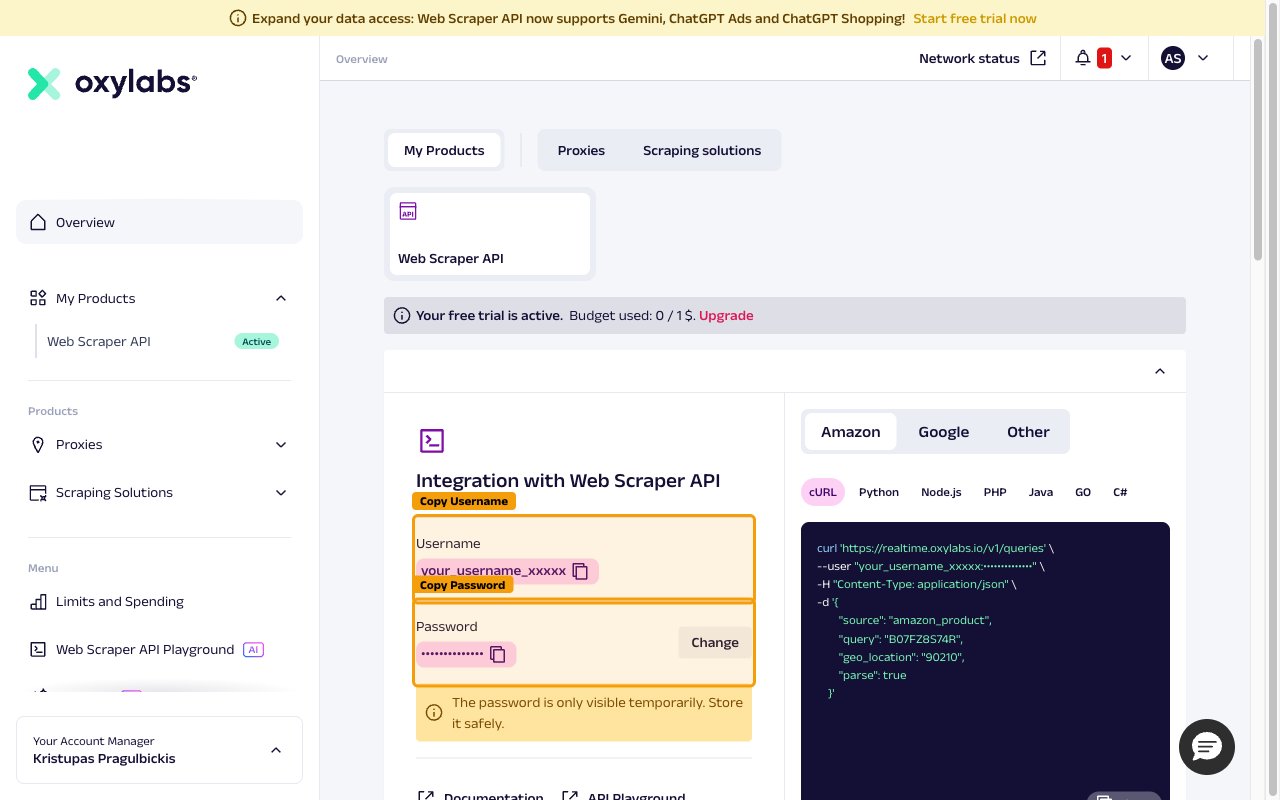 Web Scraper API integration section showing Username and Password with copy buttons
