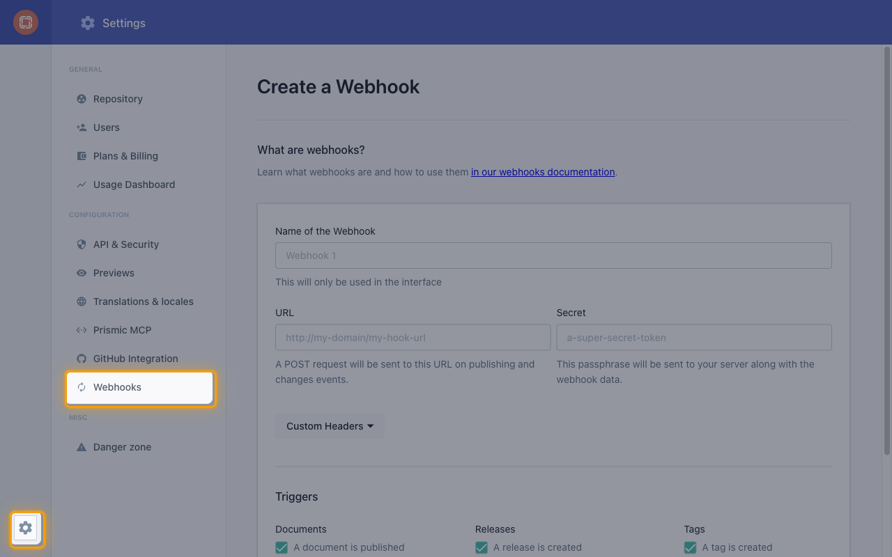Prismic repository settings with the Settings gear and the Webhooks menu item highlighted